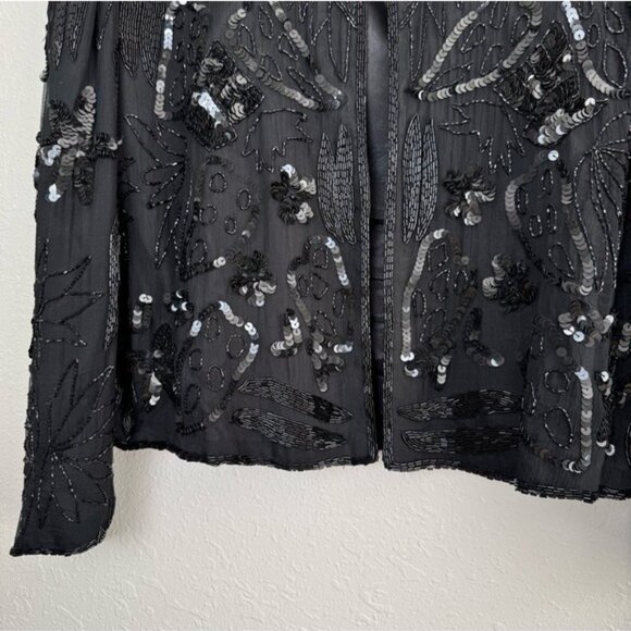 Swee Lo vintage 80s sequin beaded silk black jacket XL - Picture 3 of 9